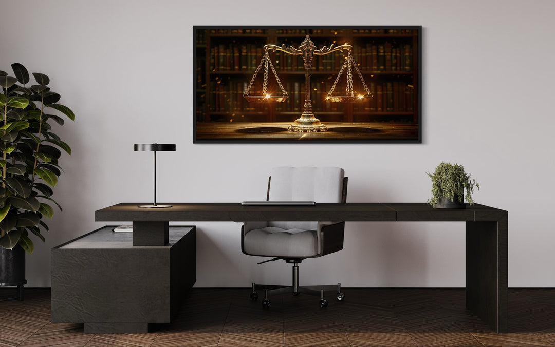 Golden Scales of Justice Framed Canvas Wall Art For Law Office