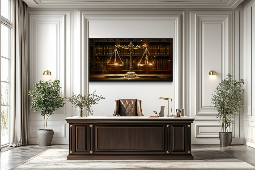 Golden Scales of Justice Framed Canvas Wall Art For Law Office