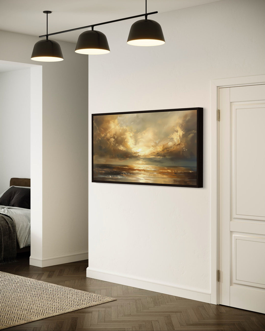 Golden Sunset Over Ocean Seascape Living Room Framed Canvas Wall Art