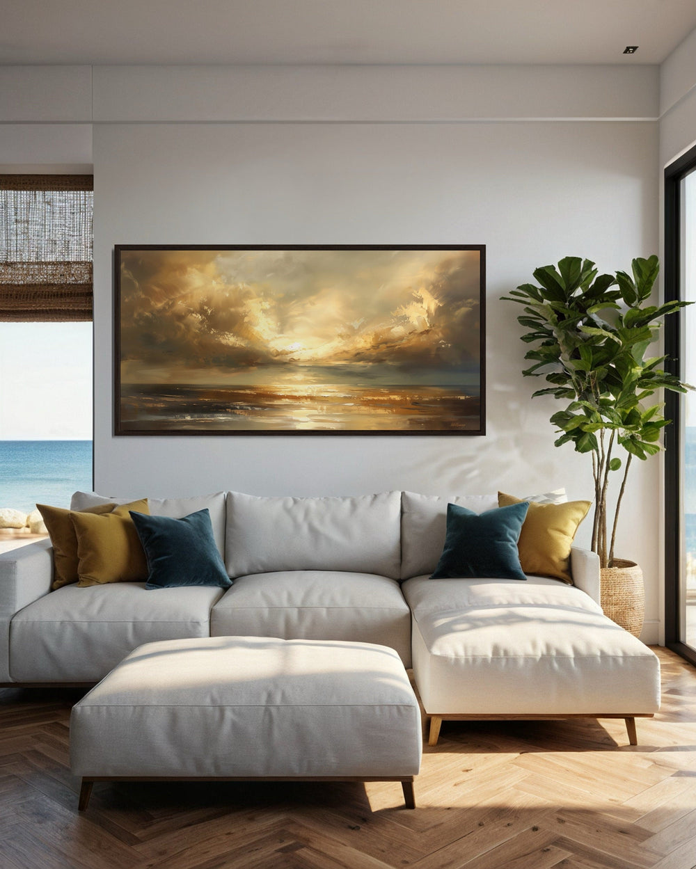 Golden Sunset Wall Art – Framed Ocean Seascape Print for Living Room Decor