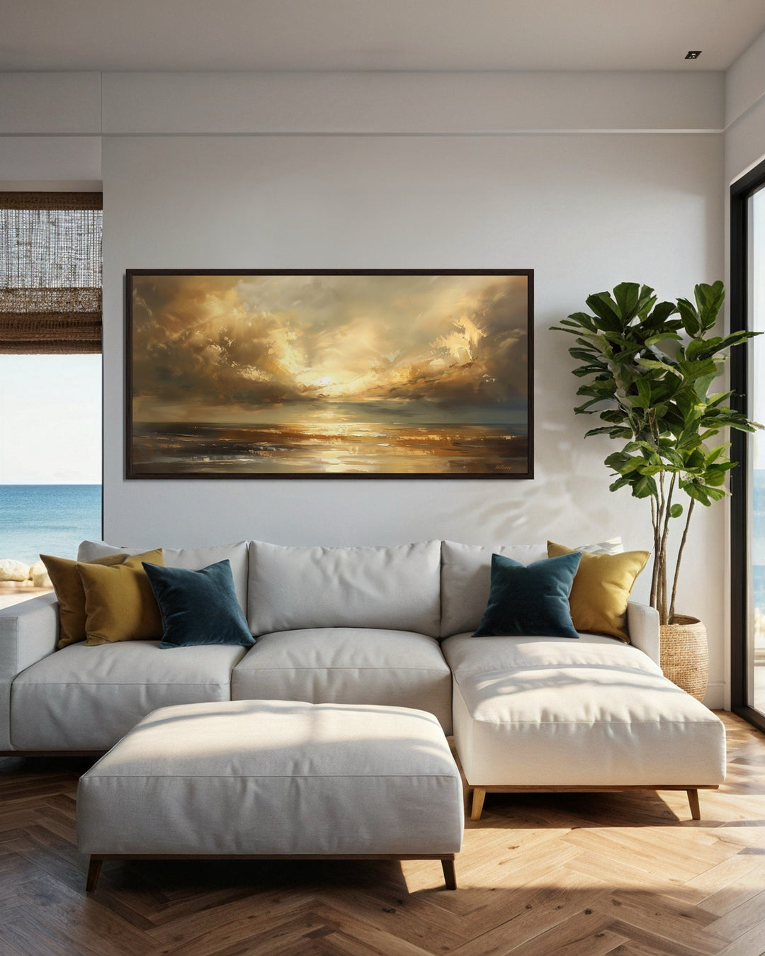 Golden Sunset Wall Art – Framed Ocean Seascape Print for Living Room Decor