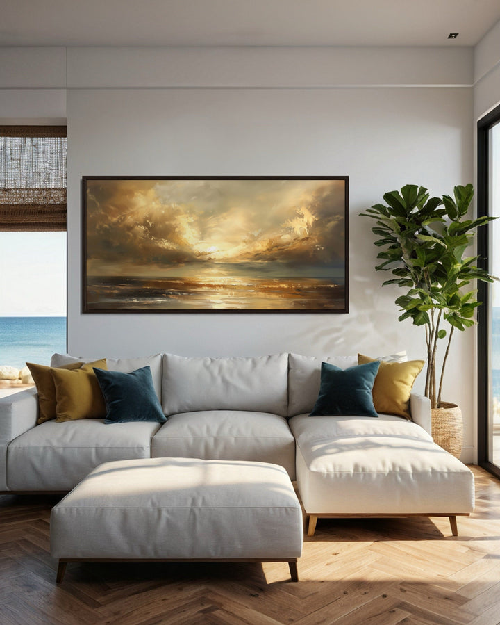 Golden Sunset Wall Art – Framed Ocean Seascape Print for Living Room Decor