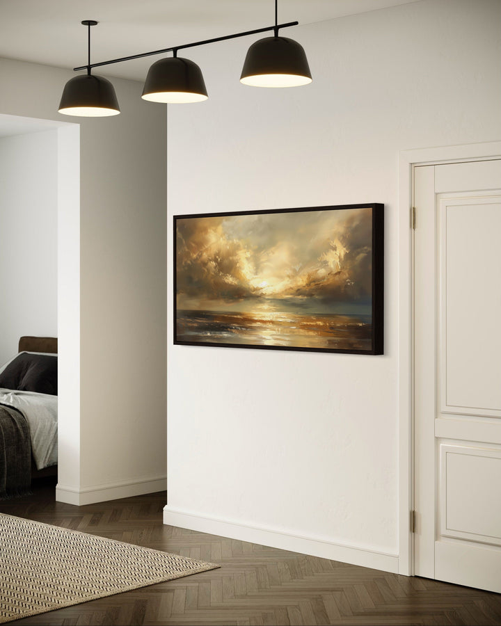 Golden Sunset Wall Art – Framed Ocean Seascape Print for Living Room Decor