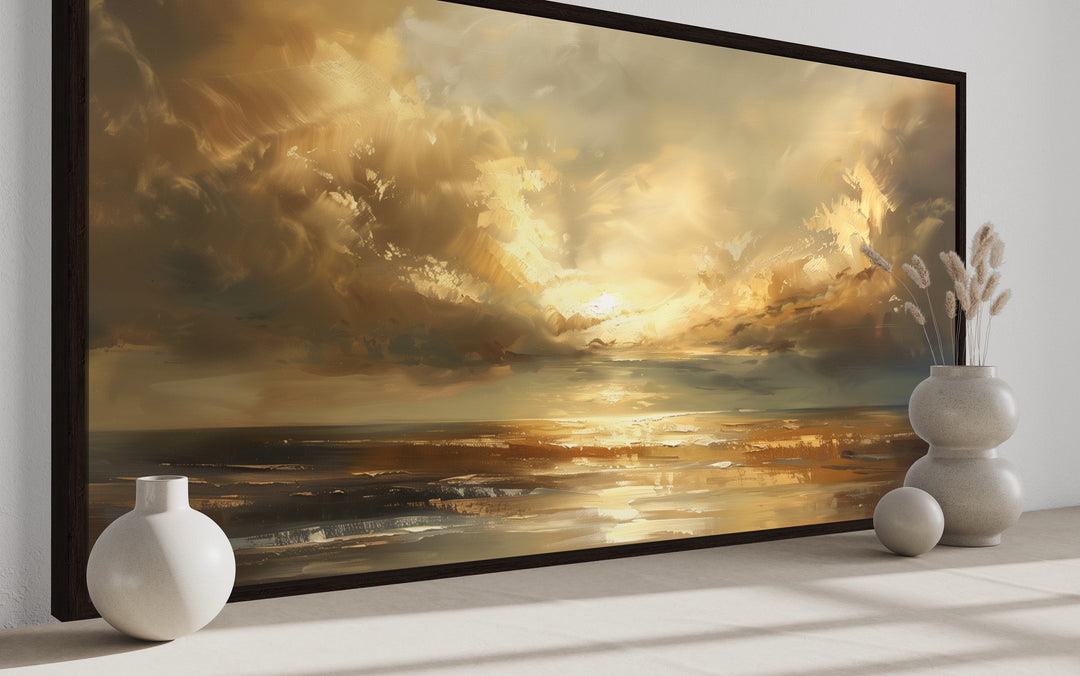 Golden Sunset Wall Art – Framed Ocean Seascape Print for Living Room Decor