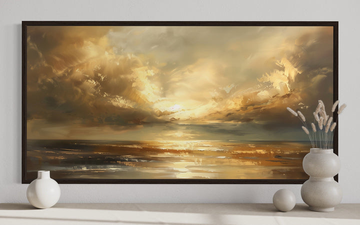 Golden Sunset Wall Art – Framed Ocean Seascape Print for Living Room Decor