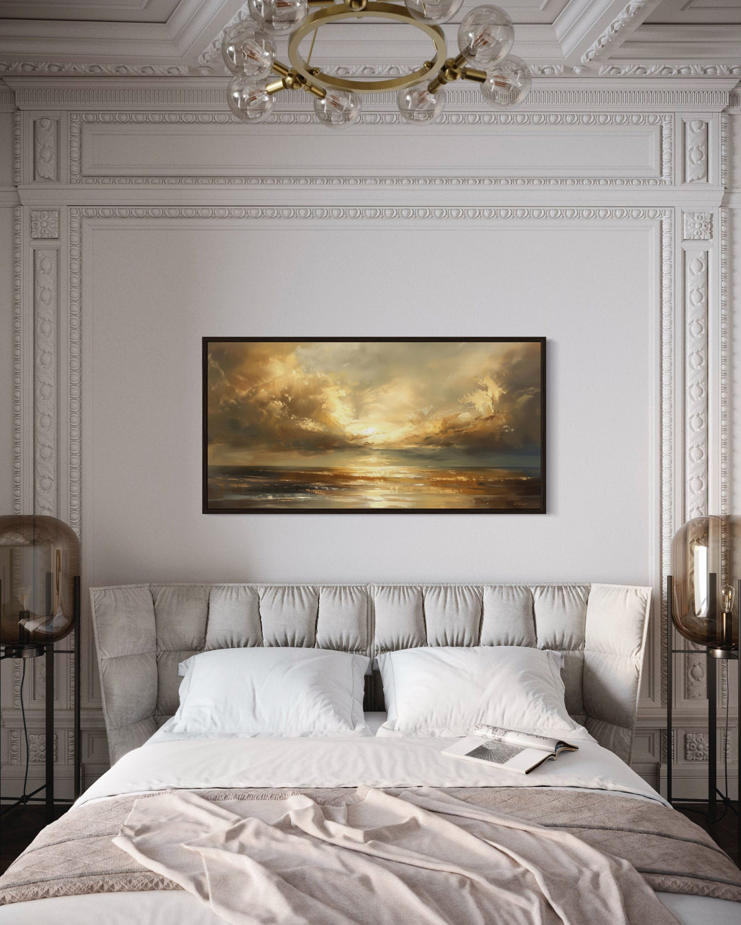 Golden Sunset Wall Art – Framed Ocean Seascape Print for Living Room Decor