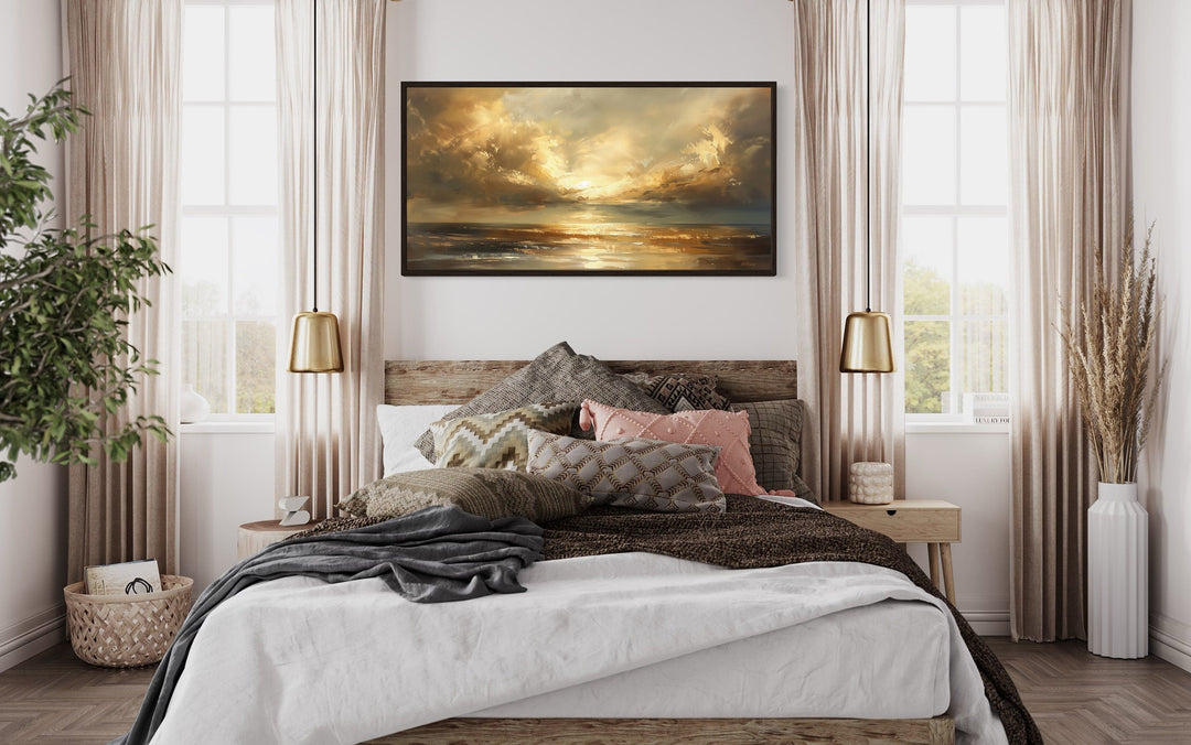 Golden Sunset Wall Art – Framed Ocean Seascape Print for Living Room Decor