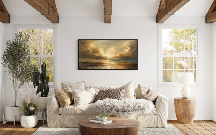 Golden Sunset Wall Art – Framed Ocean Seascape Print for Living Room Decor