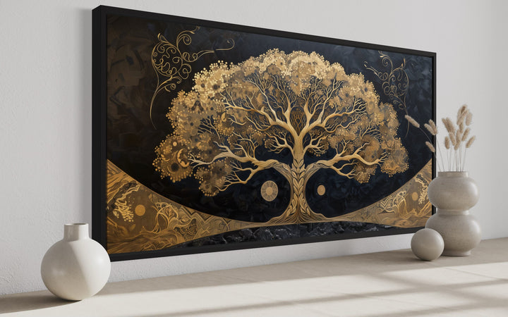 Golden Tree of Life on Black Background Canvas Wall Art