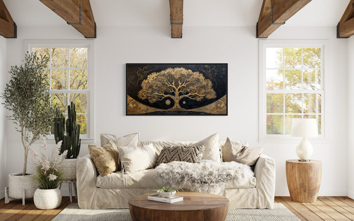 Golden Tree of Life on Black Background Canvas Wall Art