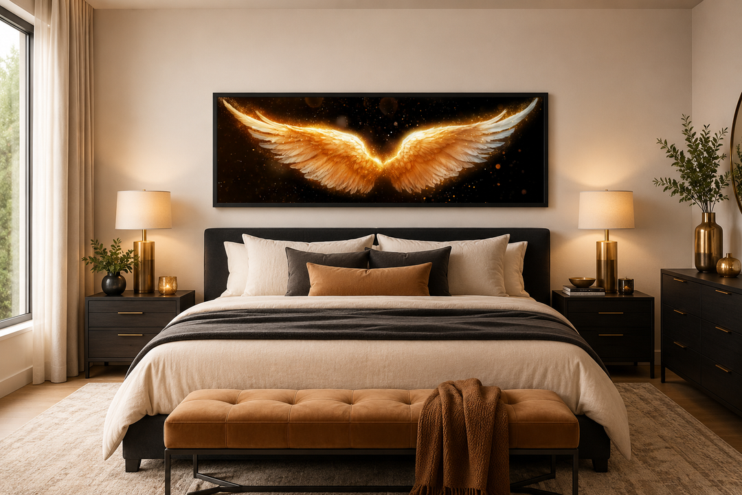 Golden angel wings horizontal canvas print centered above a bed in a modern luxury bedroom.