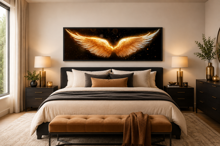 Golden angel wings horizontal canvas print centered above a bed in a modern luxury bedroom.