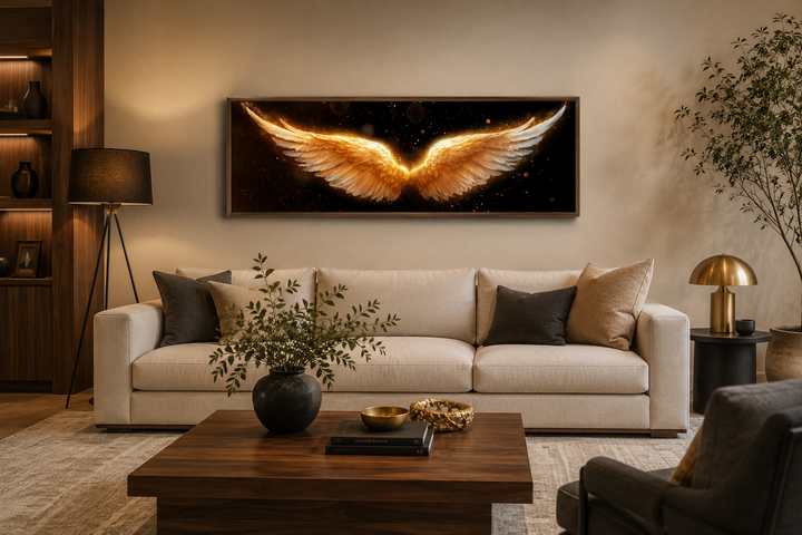 Golden angel wings horizontal canvas print above a beige sofa in a modern living room.
