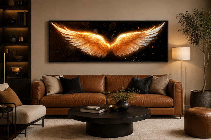 Golden angel wings horizontal canvas print on a black background above a brown leather sofa.