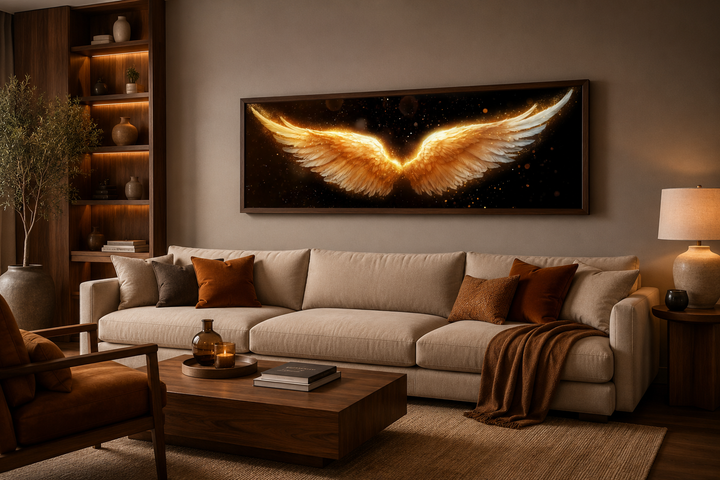 Golden angel wings horizontal canvas print above a beige sofa in a modern living room.