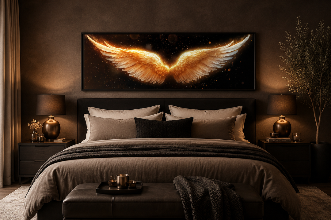 Golden angel wings horizontal canvas print centered above a bed in a dark, luxury bedroom.