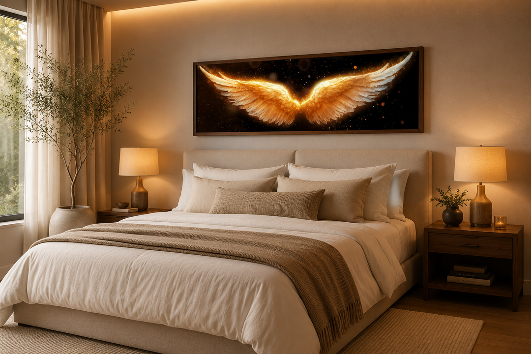 Golden Angel Wings horizontal canvas print above a bed in a modern luxury bedroom.