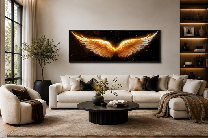 Golden angel wings horizontal canvas print centered above a white sofa in a modern living room.
