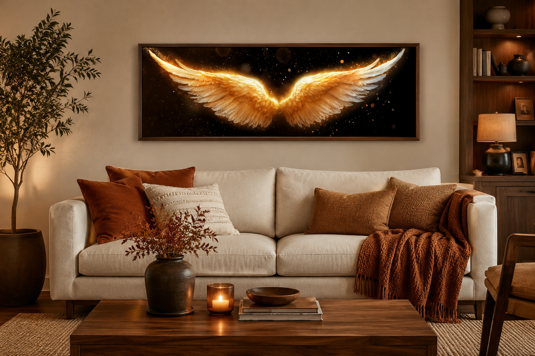 Golden angel wings horizontal canvas print above a cream sofa in a modern living room.
