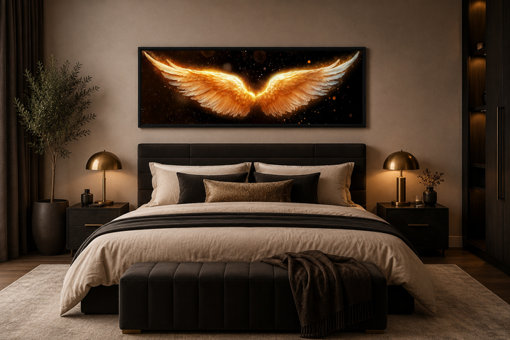 Golden angel wings horizontal canvas print centered above a bed in a modern black and gold bedroom.