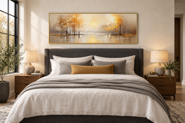 Long horizontal wall art of golden autumn trees reflecting on a calm lake above a bed.