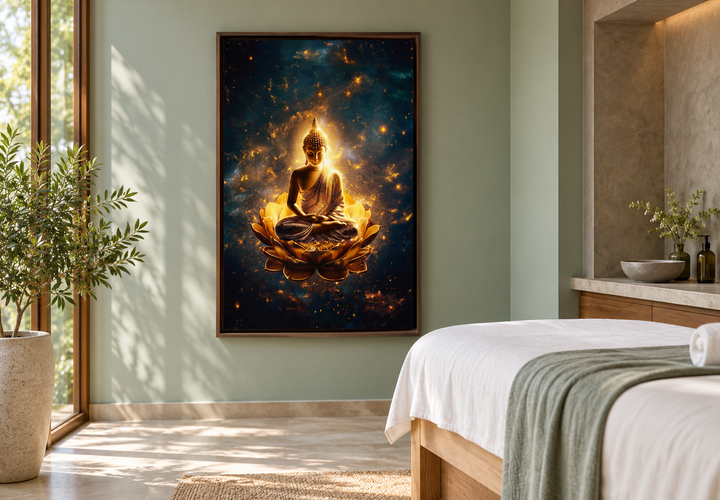 Golden Buddha with lotus flower framed canvas wall art in a serene spa treatment room.