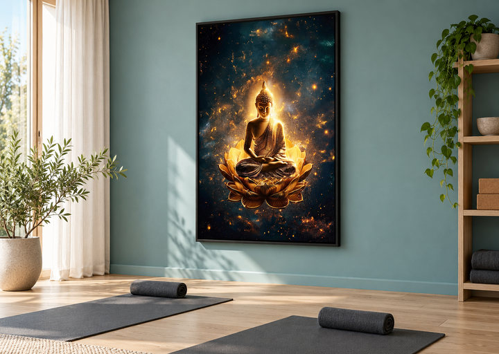 Golden Buddha with lotus flower framed canvas wall art in a serene yoga room with blue walls.