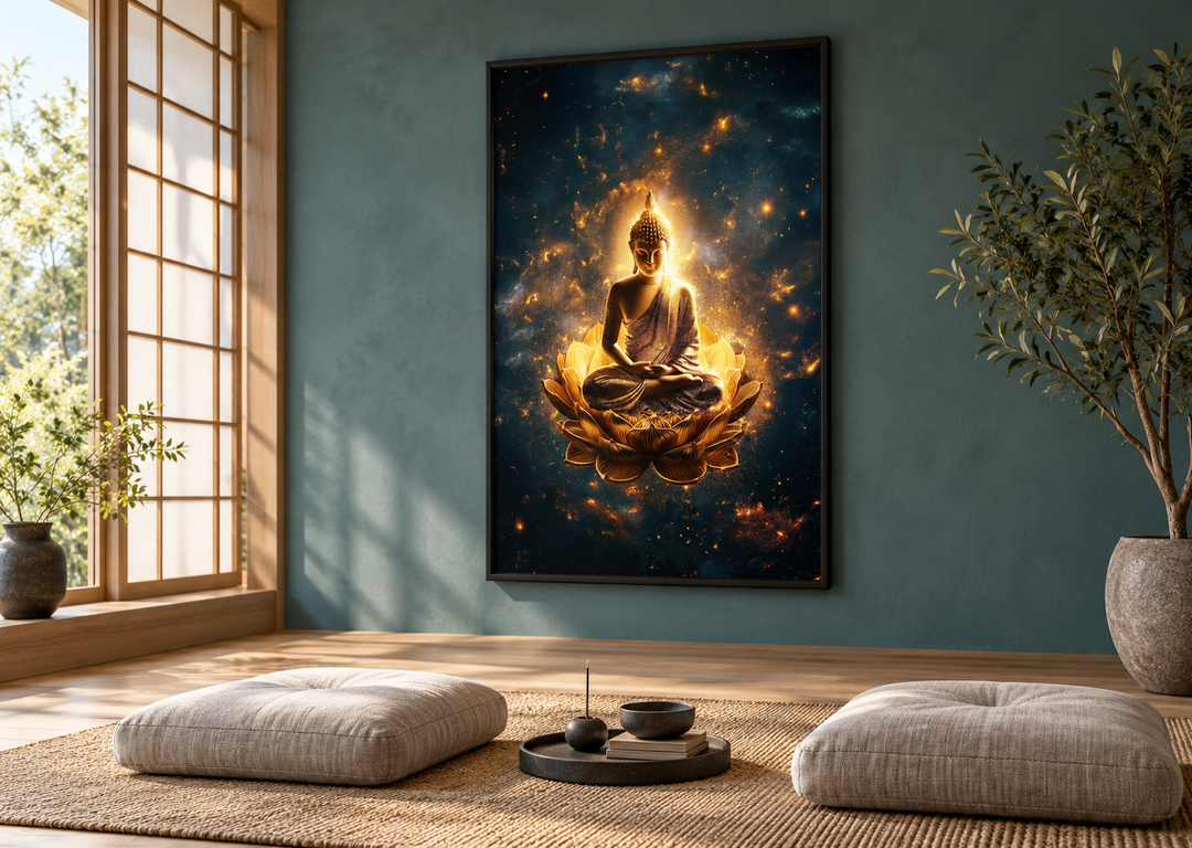 Golden Buddha with lotus flower framed canvas wall art in a serene meditation room.