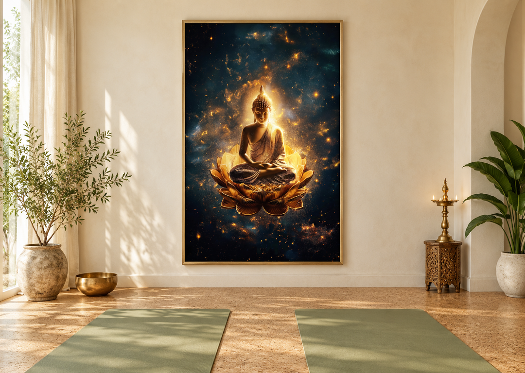 Golden Buddha sitting on a lotus flower in a cosmic space, framed canvas wall art in a yoga studio.