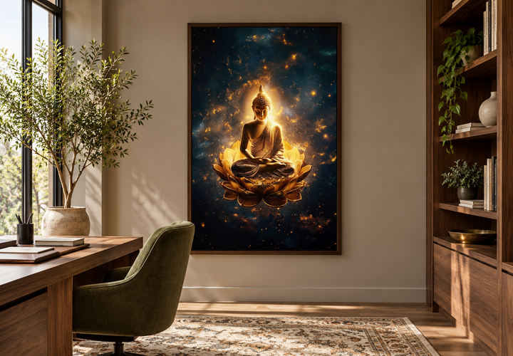 Golden Buddha on a lotus flower framed canvas wall art in a modern office setting.