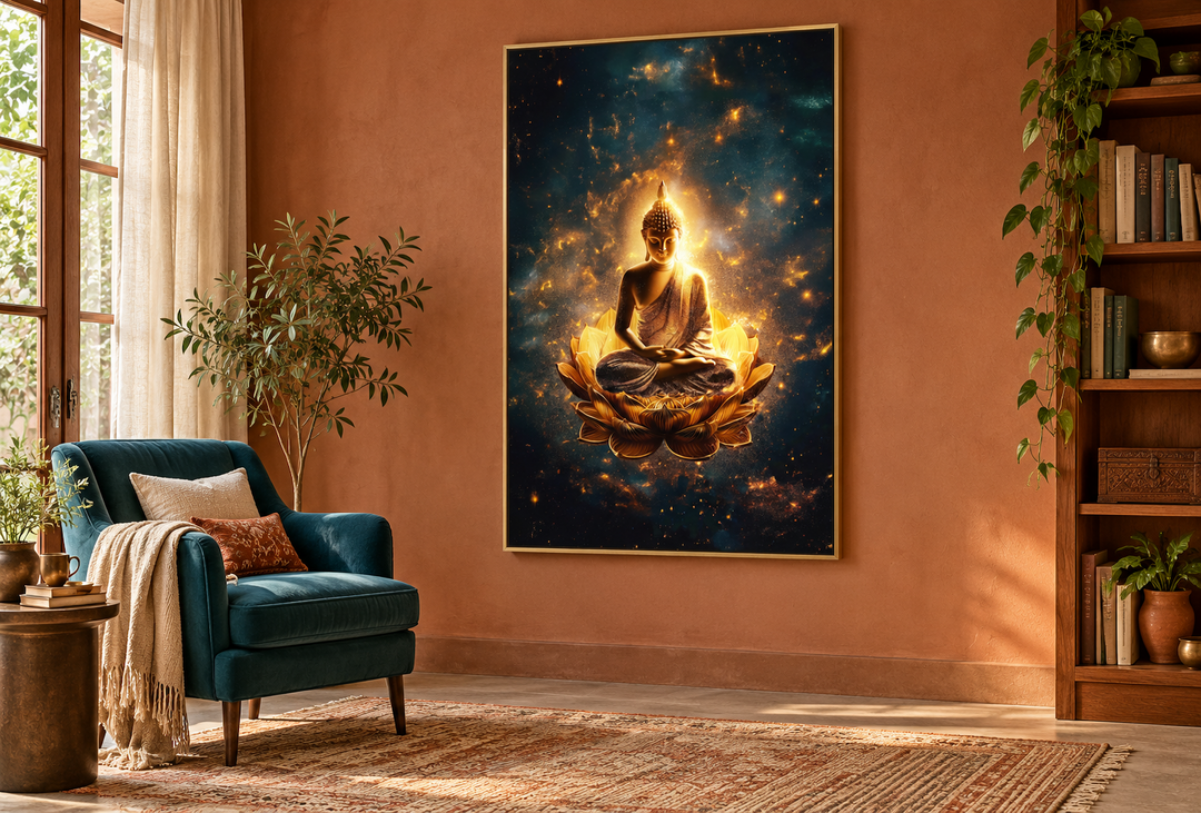 Golden Buddha on a lotus flower framed canvas wall art in a warm, terracotta-toned reading room.
