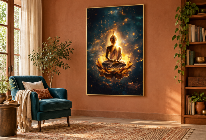Golden Buddha on a lotus flower framed canvas wall art in a warm, terracotta-toned reading room.