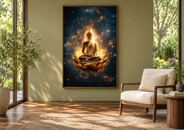 Golden Buddha seated on a lotus flower in a cosmic space, framed canvas wall art in a zen room.
