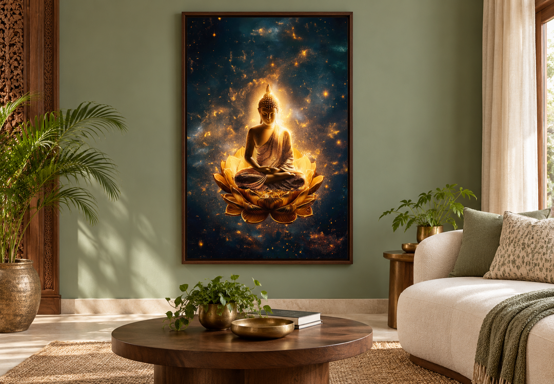 Golden Buddha meditating on a lotus flower framed canvas wall art in a sage green living room.