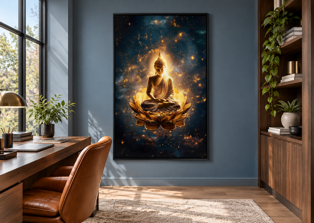 Golden Buddha seated on a lotus flower in a starry galaxy, framed canvas art in a modern office.