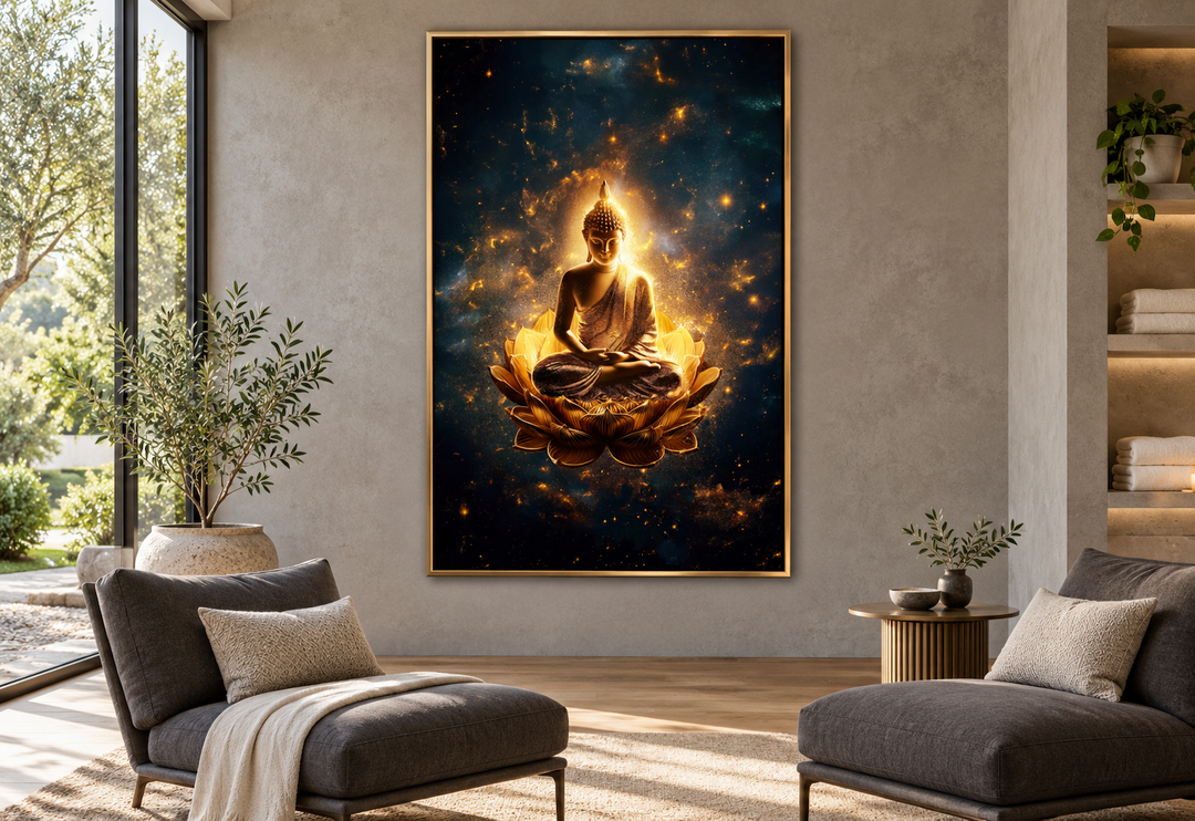 Golden Buddha seated on a lotus flower in a starry galaxy, framed canvas wall art in a modern room.