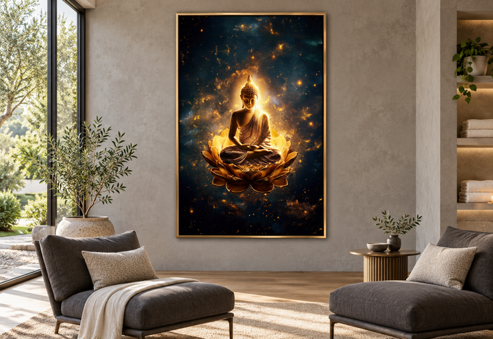 Golden Buddha seated on a lotus flower in a starry galaxy, framed canvas wall art in a modern room.