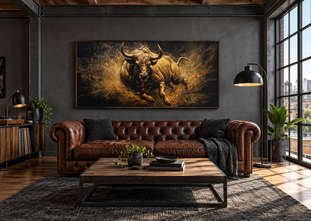Extra large framed canvas painting of a charging bull in gold and brown tones above a leather sofa.