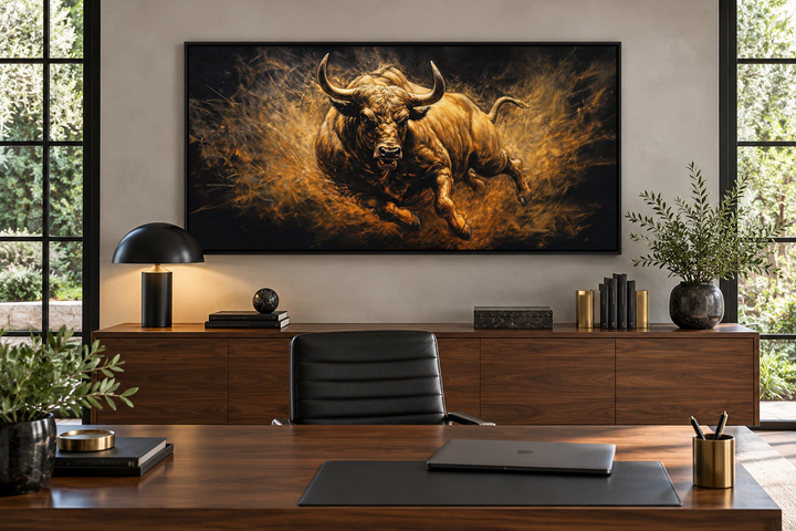 Extra large framed canvas painting of a charging bull in gold and black tones above a wooden desk.