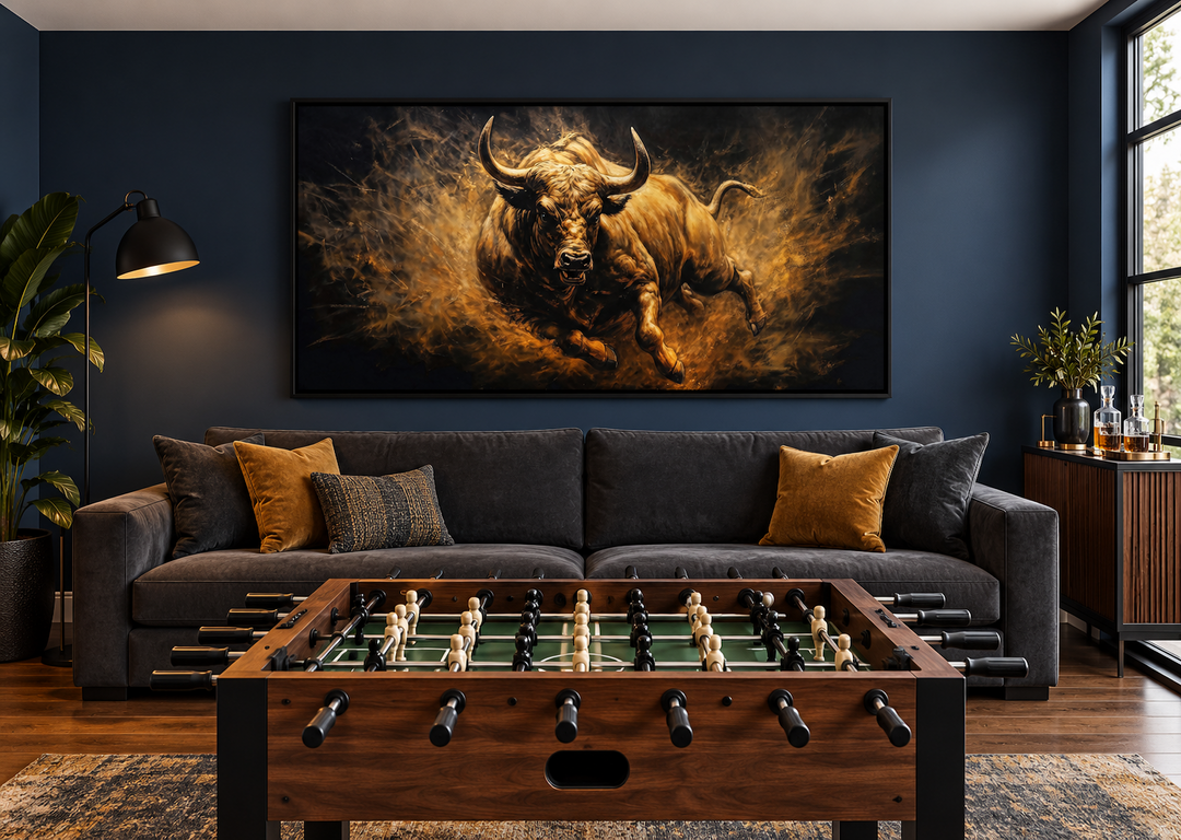 Extra large framed canvas painting of a charging bull in gold and brown tones above a grey sofa.