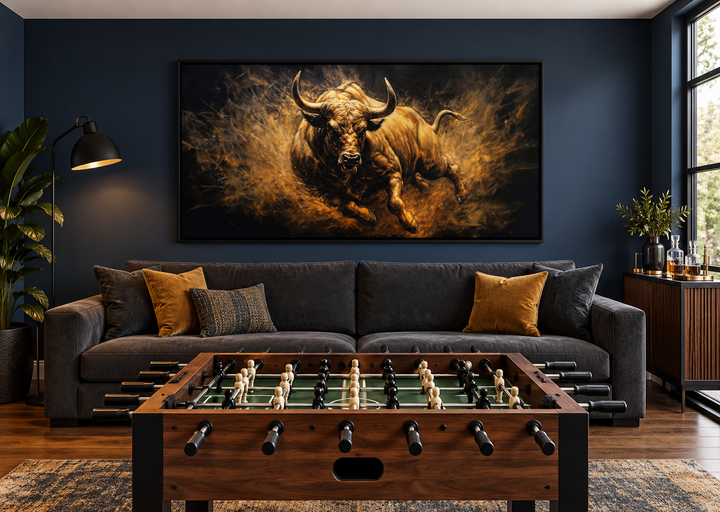 Extra large framed canvas painting of a charging bull in gold and brown tones above a grey sofa.