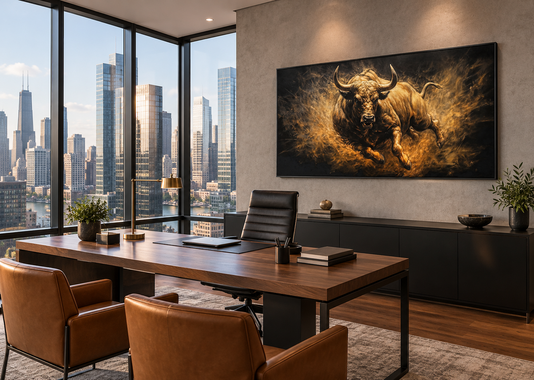 Extra large framed canvas wall art of a charging golden bull in a modern office setting.