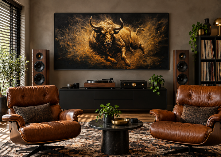 Extra large framed canvas painting of a charging bull in gold and brown tones above a media console.