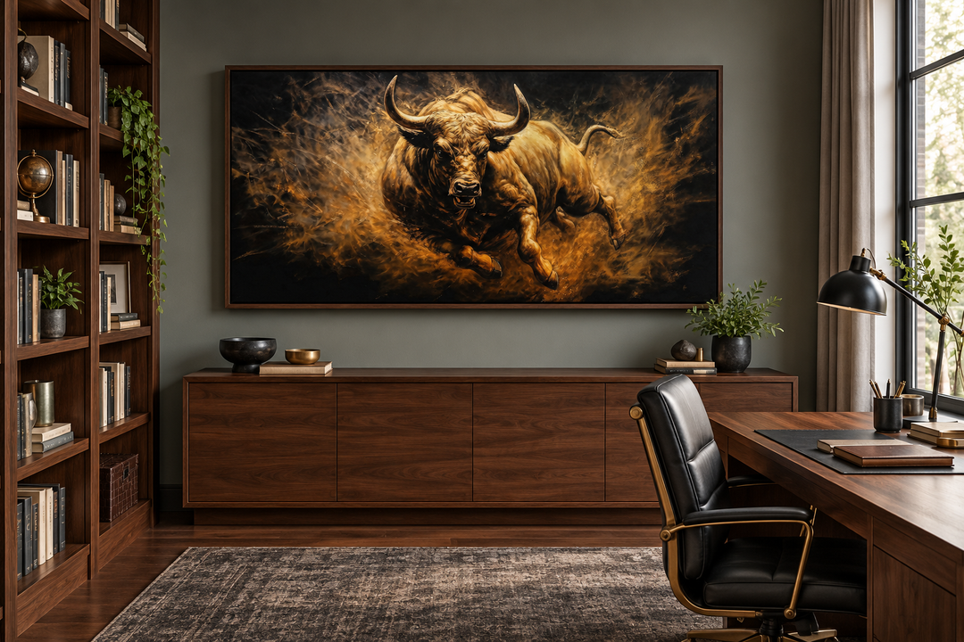 Extra large framed canvas painting of a charging bull in gold and brown tones above a wood cabinet.