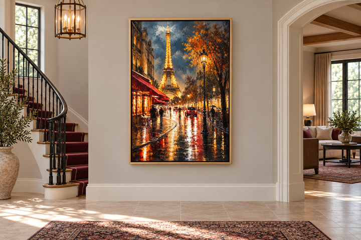 Framed canvas wall art of a rainy Paris street at night with the Eiffel Tower in the background.