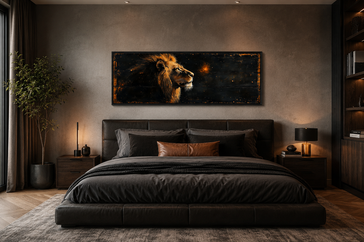 Golden lion horizontal canvas wall art above a dark leather bed in a modern masculine bedroom.