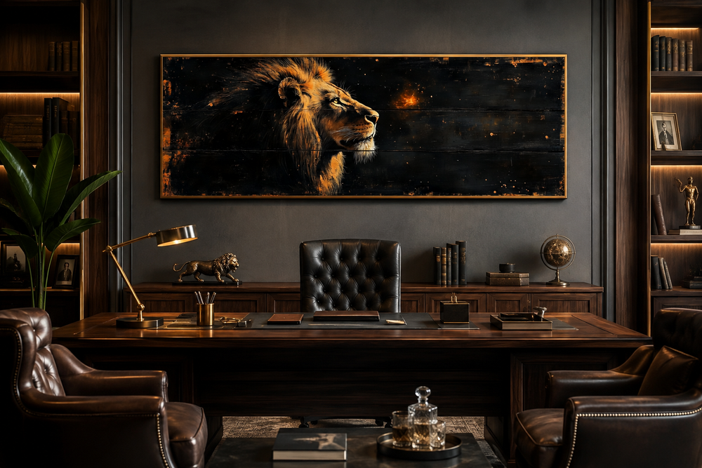 Golden lion horizontal canvas wall art in a dark office with a leather chair and wooden desk.