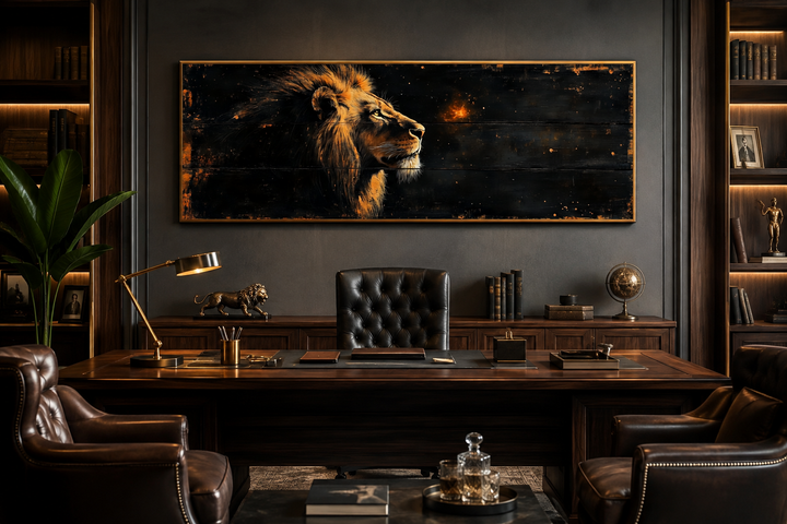 Golden lion horizontal canvas wall art in a dark office with a leather chair and wooden desk.