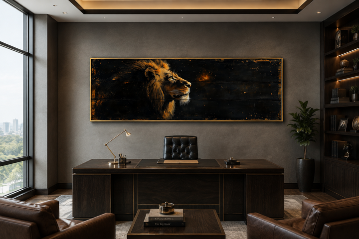 Golden lion horizontal canvas wall art above a dark wood desk in a modern office setting.