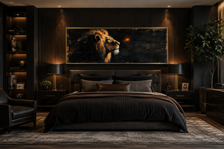 Golden lion horizontal canvas wall art centered above a dark bed in a modern masculine bedroom.